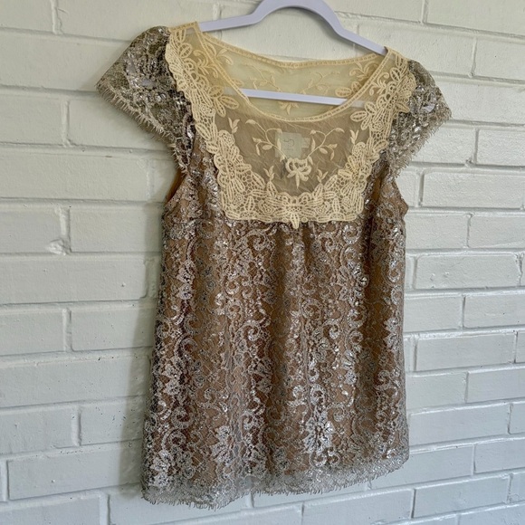 HD in Paris by Anthropologie Metallic Lace Top SZ 2 EUC - Picture 2 of 10